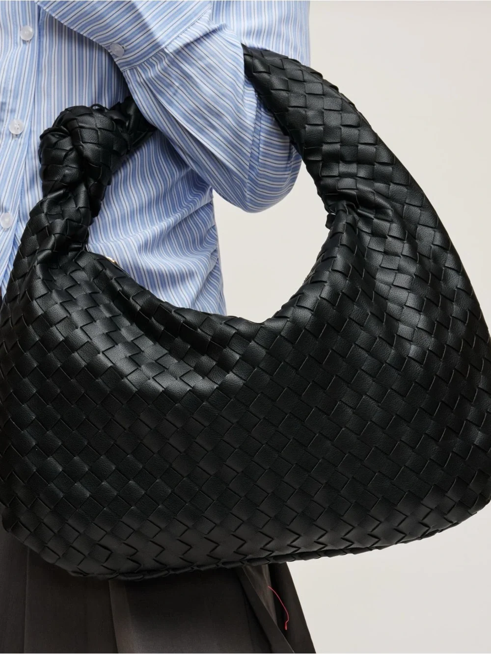Melie Bianco Black Woven Shoulder Hobo Bag